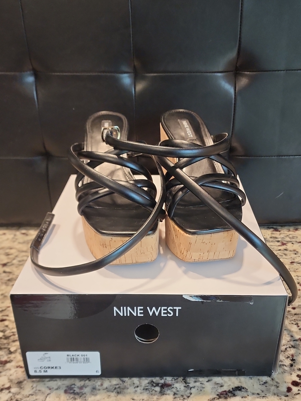 Nine West Black Strappy Cork Platform Sandals with Wrap Straps W/original Box